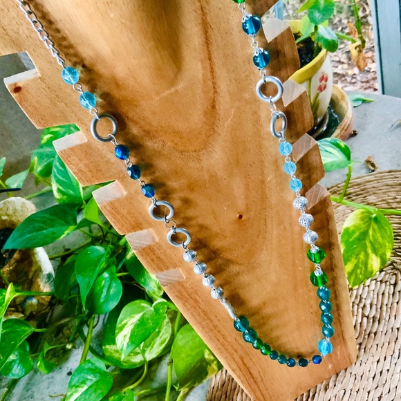 Vintage Glass/Crystal/Metal Beaded Necklace STEPHAN & CO UNIQUE 1980s BLUE-GREEN - Picture 9 of 10